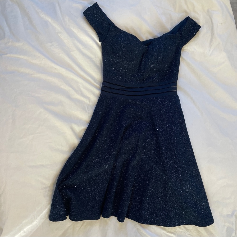 Sequin hearts, mindnight blue dress, mesh waistband, glitter sun the light